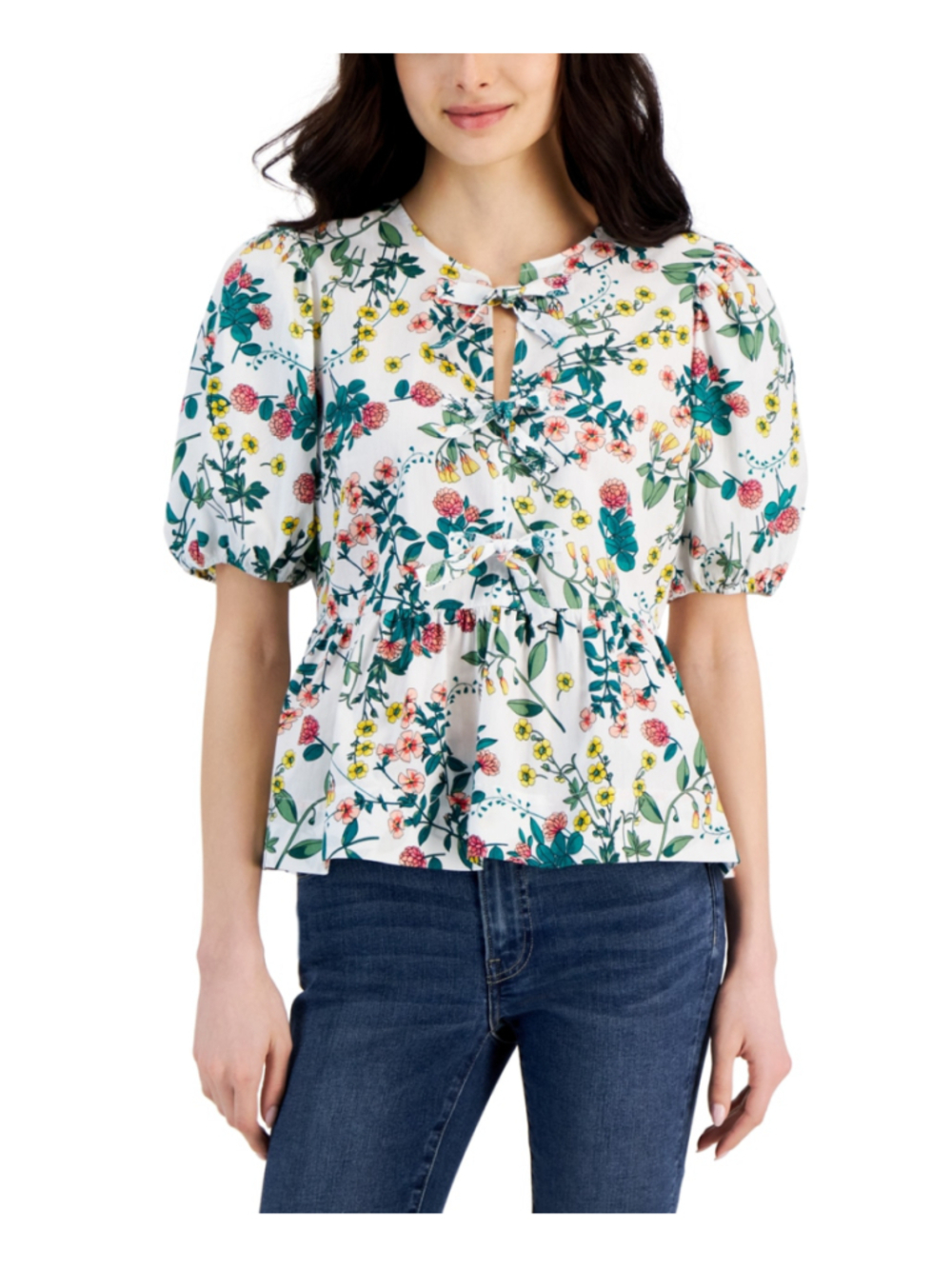 Nautica Jeans Women's Small White & Floral-Print 100% Cotton Peplum Top NWT